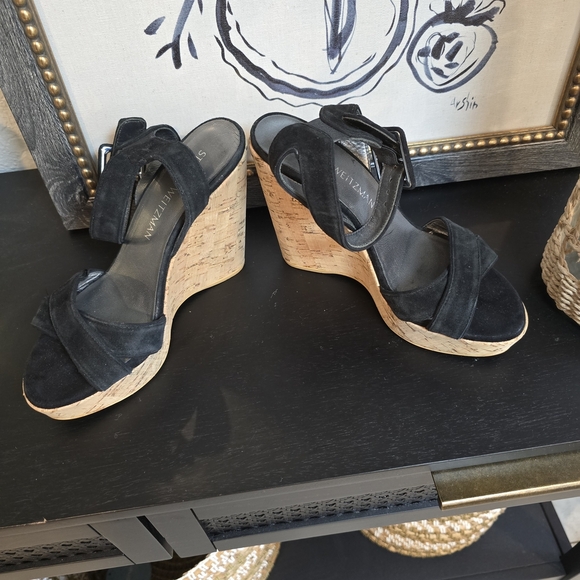 Stuart Weitzman Black Suede Platform Cork Wedge Sandals Size 6 - Picture 9 of 11